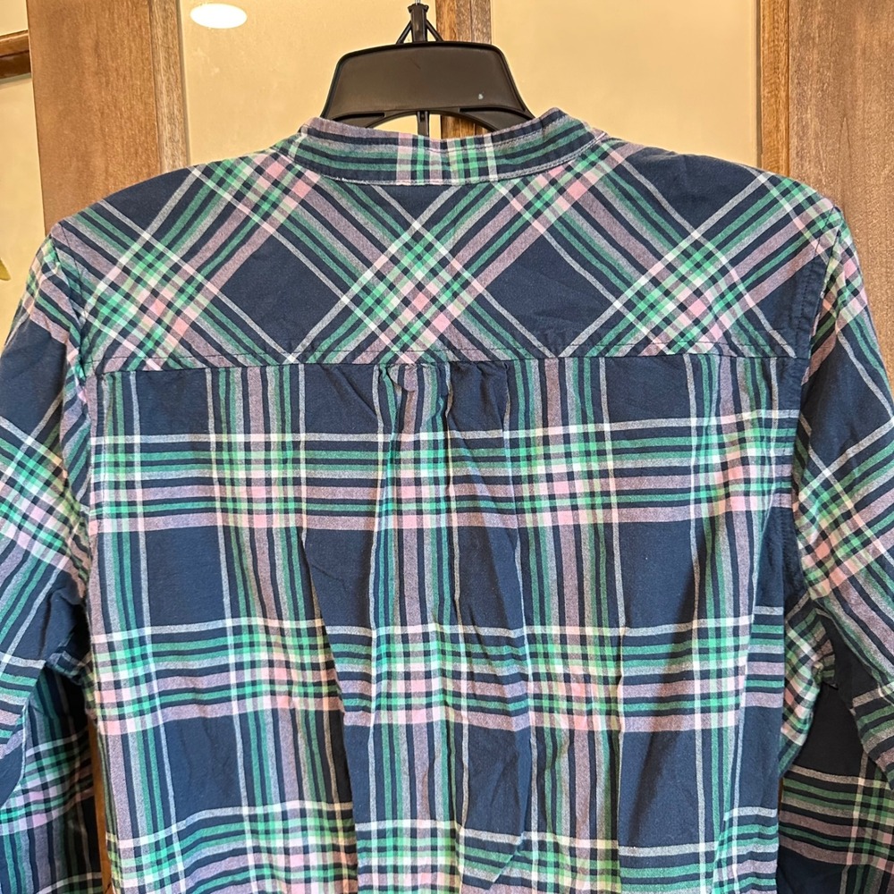 Lands' End Shirt Dress Women 14P Blue Green Plaid Cotton Drawstring Waist Pocket - Picture 10 of 11